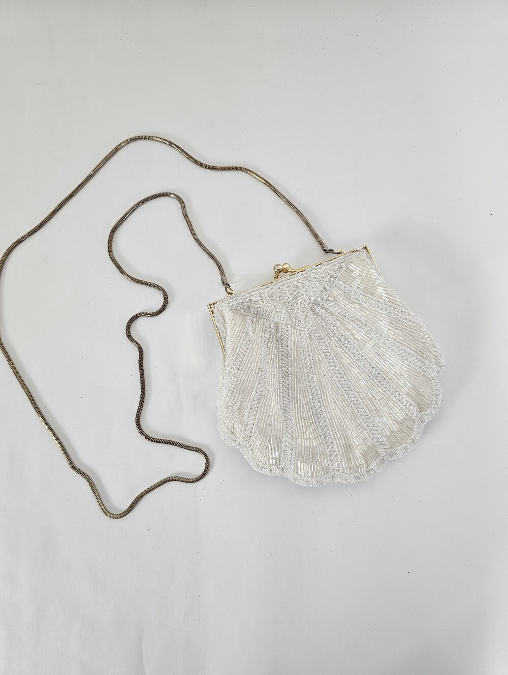 Vintage Lord & Taylor White Beaded Shell Scalloped Clutch Evening Bag